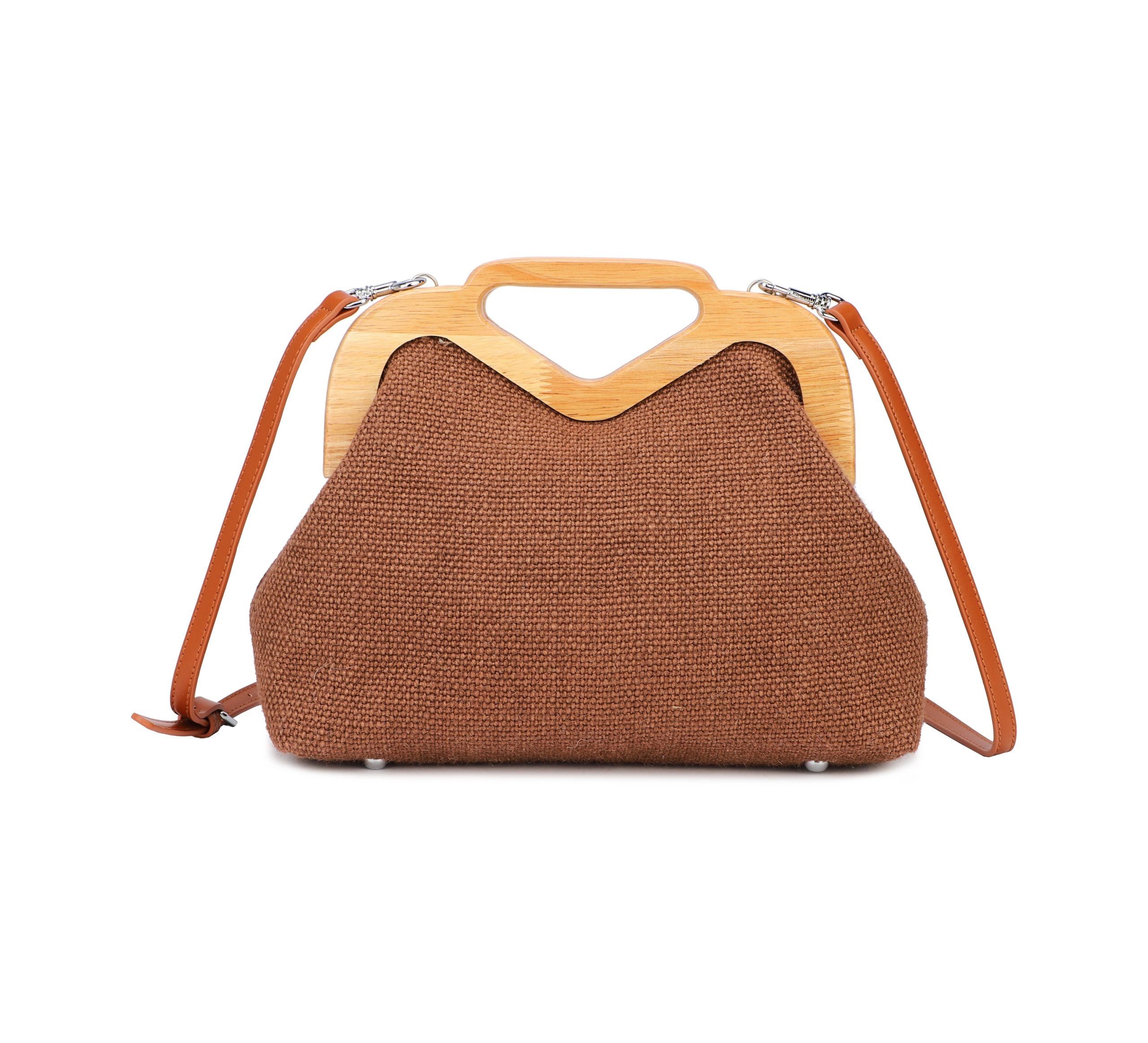 Reggina Schrecker Τσάντα Χειρός Natural Canvas με Ξύλινο Χερούλι & Λουράκι Ώμου