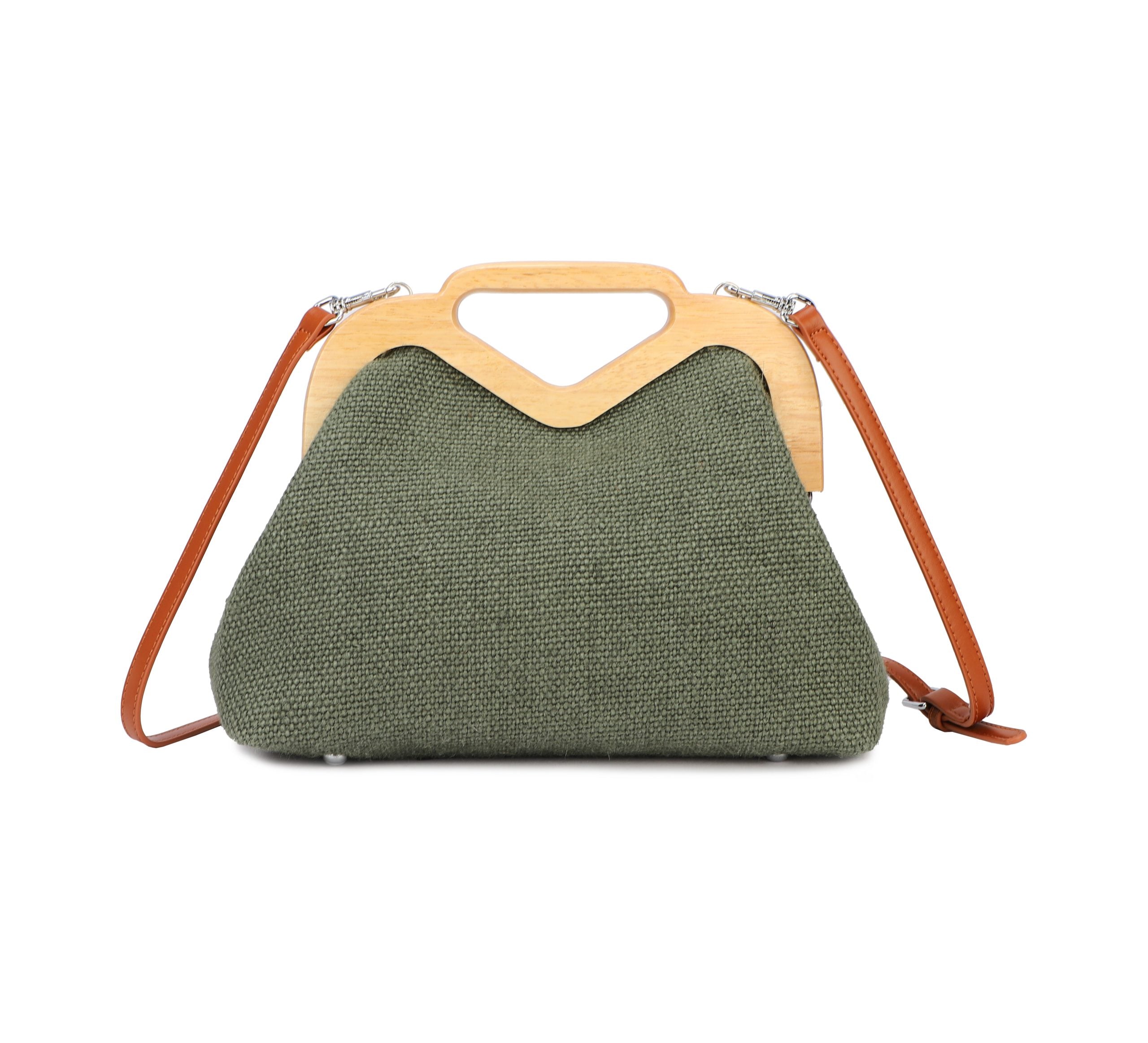 Reggina Schrecker Τσάντα Χειρός Natural Canvas με Ξύλινο Χερούλι & Λουράκι Ώμου