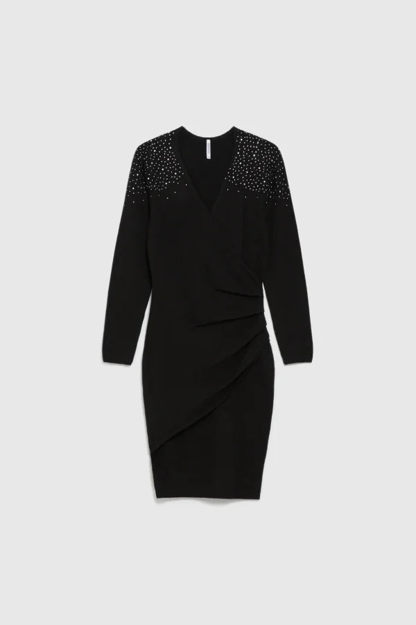 Μαύρο Φόρεμα με Στρας στους Ώμους & Draped Λεπτομέρειες