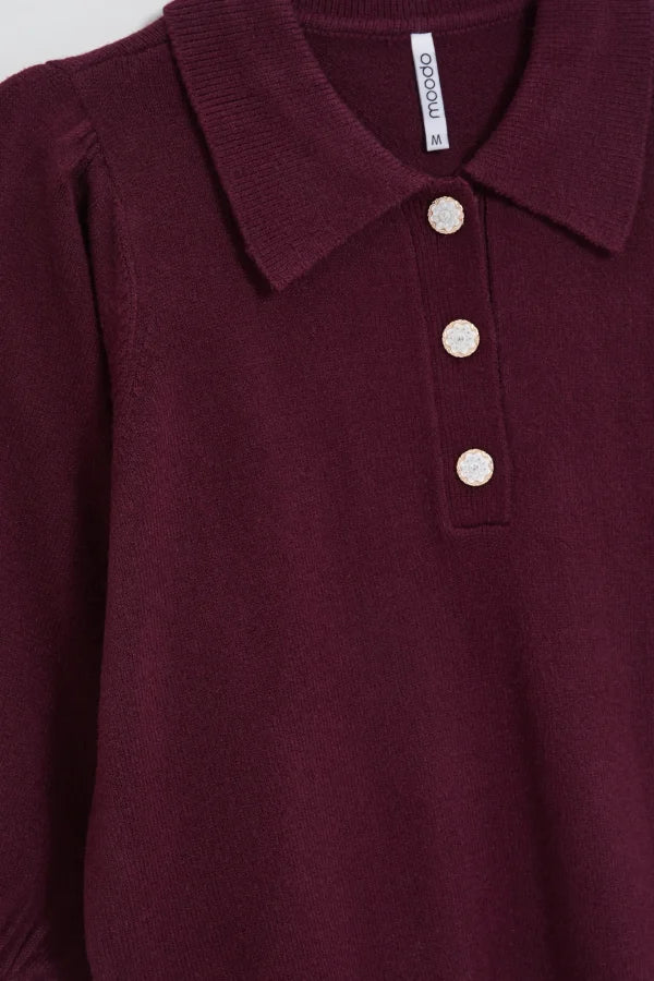 Πουλόβερ Γυναικείο με Γιακά και Κουμπιά Burgundy MOODO | Burgundy Women's Sweater with Collar and Buttons