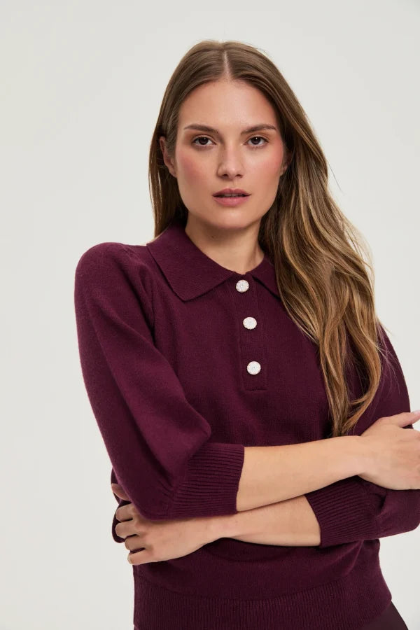Πουλόβερ Γυναικείο με Γιακά και Κουμπιά Burgundy MOODO | Burgundy Women's Sweater with Collar and Buttons