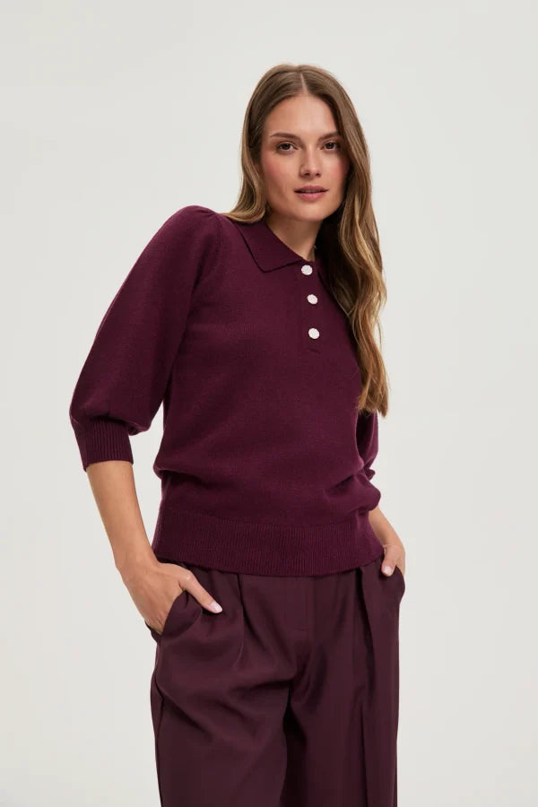 Πουλόβερ Γυναικείο με Γιακά και Κουμπιά Burgundy MOODO | Burgundy Women's Sweater with Collar and Buttons