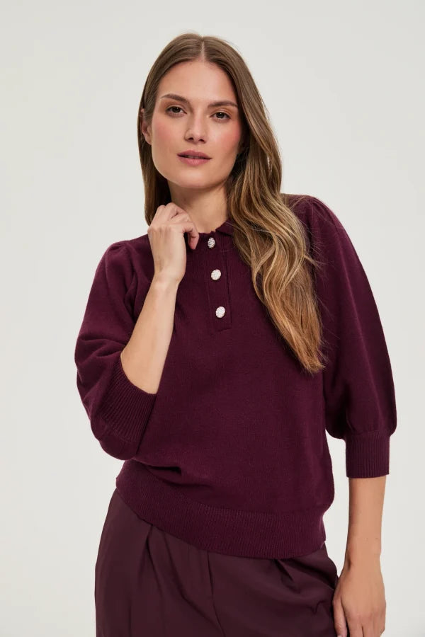 Πουλόβερ Γυναικείο με Γιακά και Κουμπιά Burgundy MOODO | Burgundy Women's Sweater with Collar and Buttons