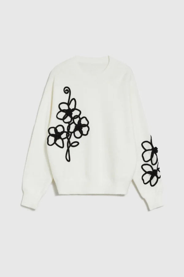 Πουλόβερ Γυναικείο με Σχέδιο Λουλούδι Off White | Women's Sweater with Flower Pattern Off White