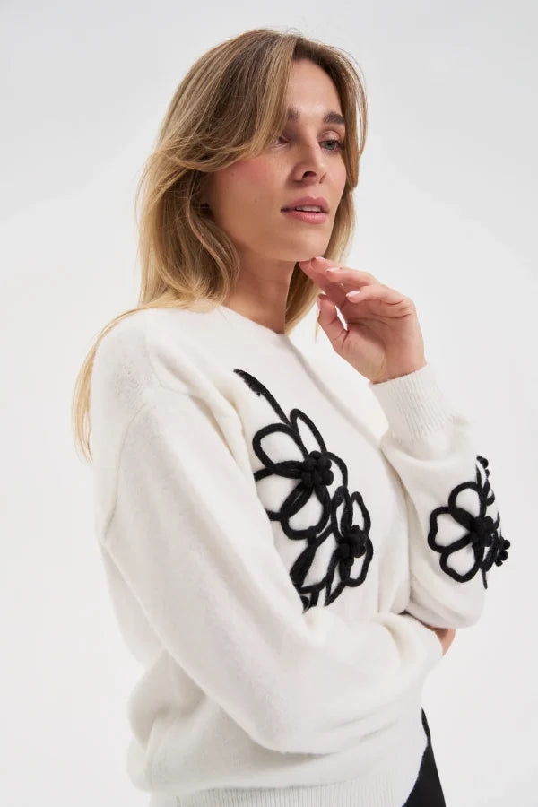 Πουλόβερ Γυναικείο με Σχέδιο Λουλούδι Off White | Women's Sweater with Flower Pattern Off White