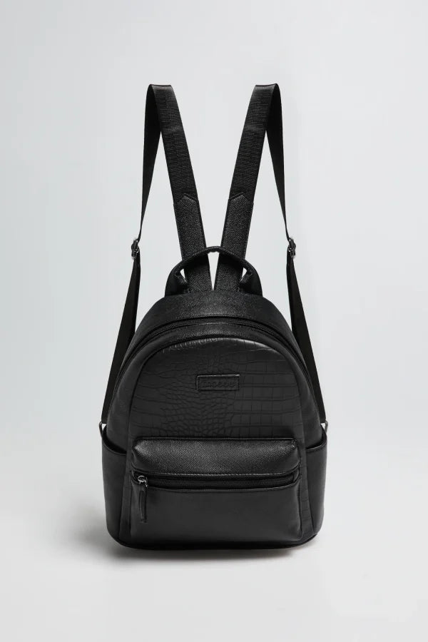 Μinimal Backpack με Ανάγλυφη Υφή MOODO | Black Faux Leather Croc-Texture Backpack
