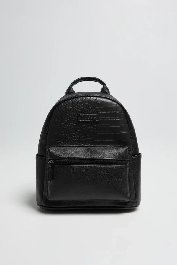 Μinimal Backpack με Ανάγλυφη Υφή MOODO | Black Faux Leather Croc-Texture Backpack