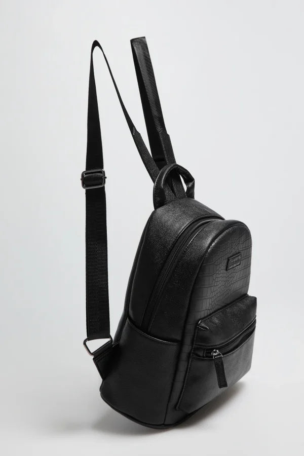 Μinimal Backpack με Ανάγλυφη Υφή MOODO | Black Faux Leather Croc-Texture Backpack