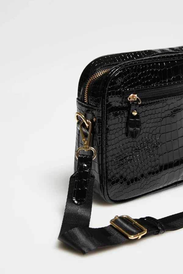 Γυναικεία Τσάντα Ώμου με Ανάγλυφο Croco Σχέδιο Μαύρη|Women's Shoulder Bag with Embossed Croco Pattern Black