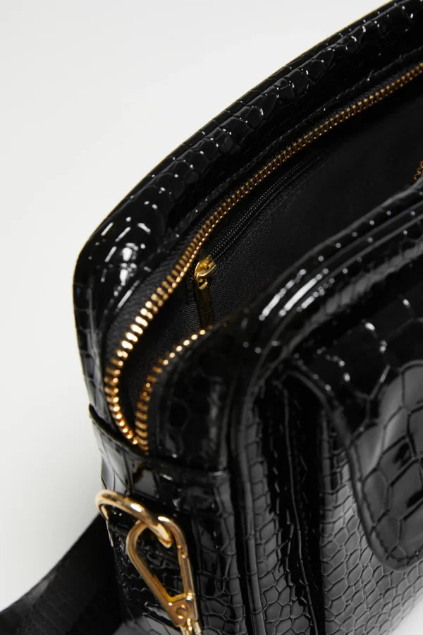 Γυναικεία Τσάντα Ώμου με Ανάγλυφο Croco Σχέδιο Μαύρη|Women's Shoulder Bag with Embossed Croco Pattern Black