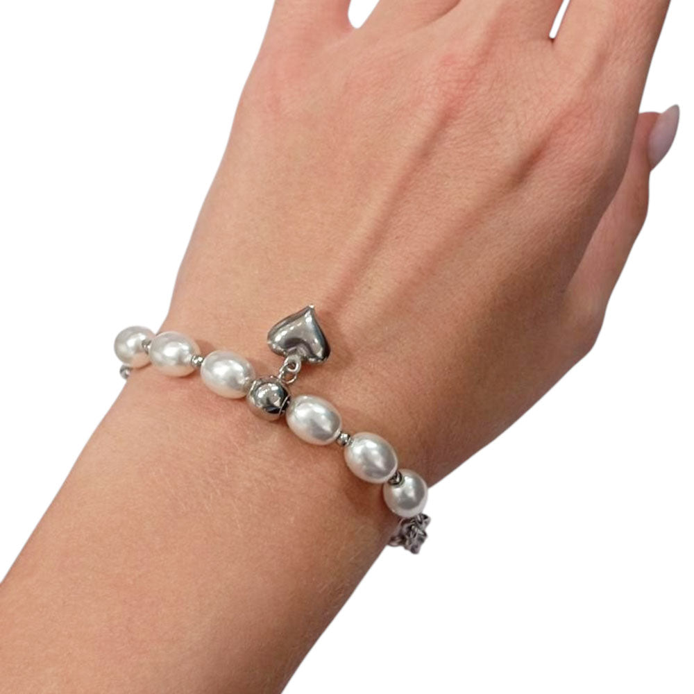 Βραχιόλι με Πέρλες και Καρδιά Χρυσό Ασημί – Pearl Bracelet with Heart