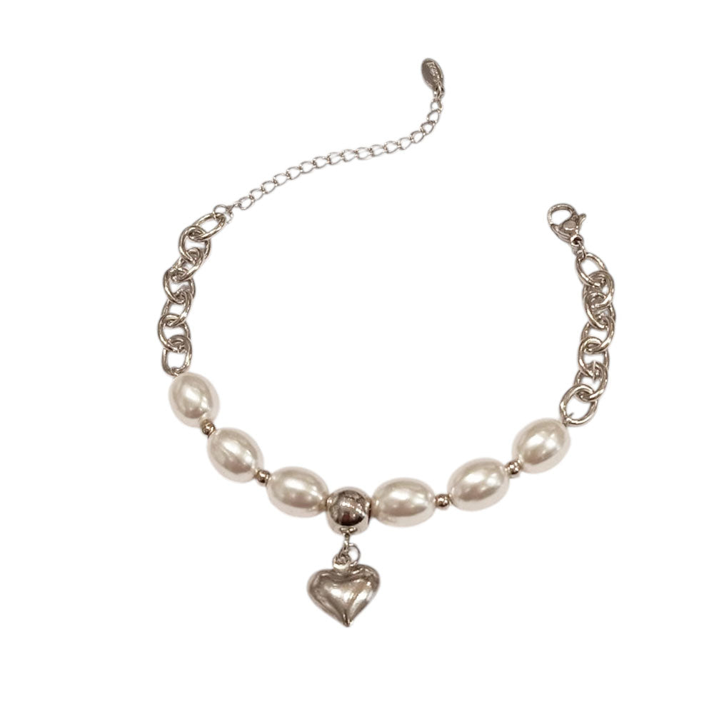 Βραχιόλι με Πέρλες και Καρδιά Χρυσό Ασημί – Pearl Bracelet with Heart