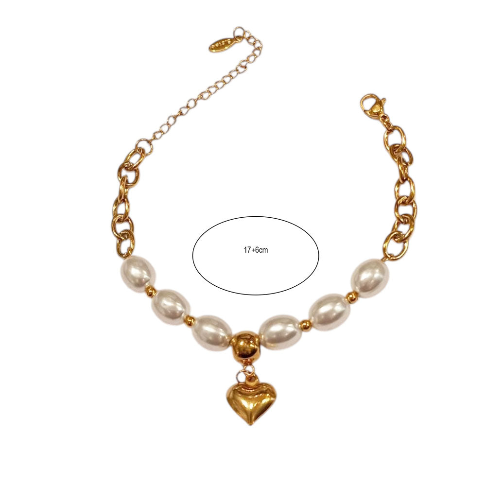 Βραχιόλι με Πέρλες και Καρδιά Χρυσό Ασημί – Pearl Bracelet with Heart