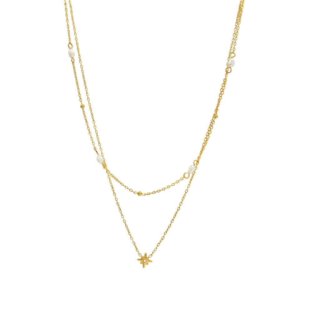 Γυναικείο Ατσάλινο Κολιέ Με Διπλή Αλυσίδα Και Πολυάκτινο Αστέρι – Women’s Steel Necklace With Double Chain And Multi-Pointed Star