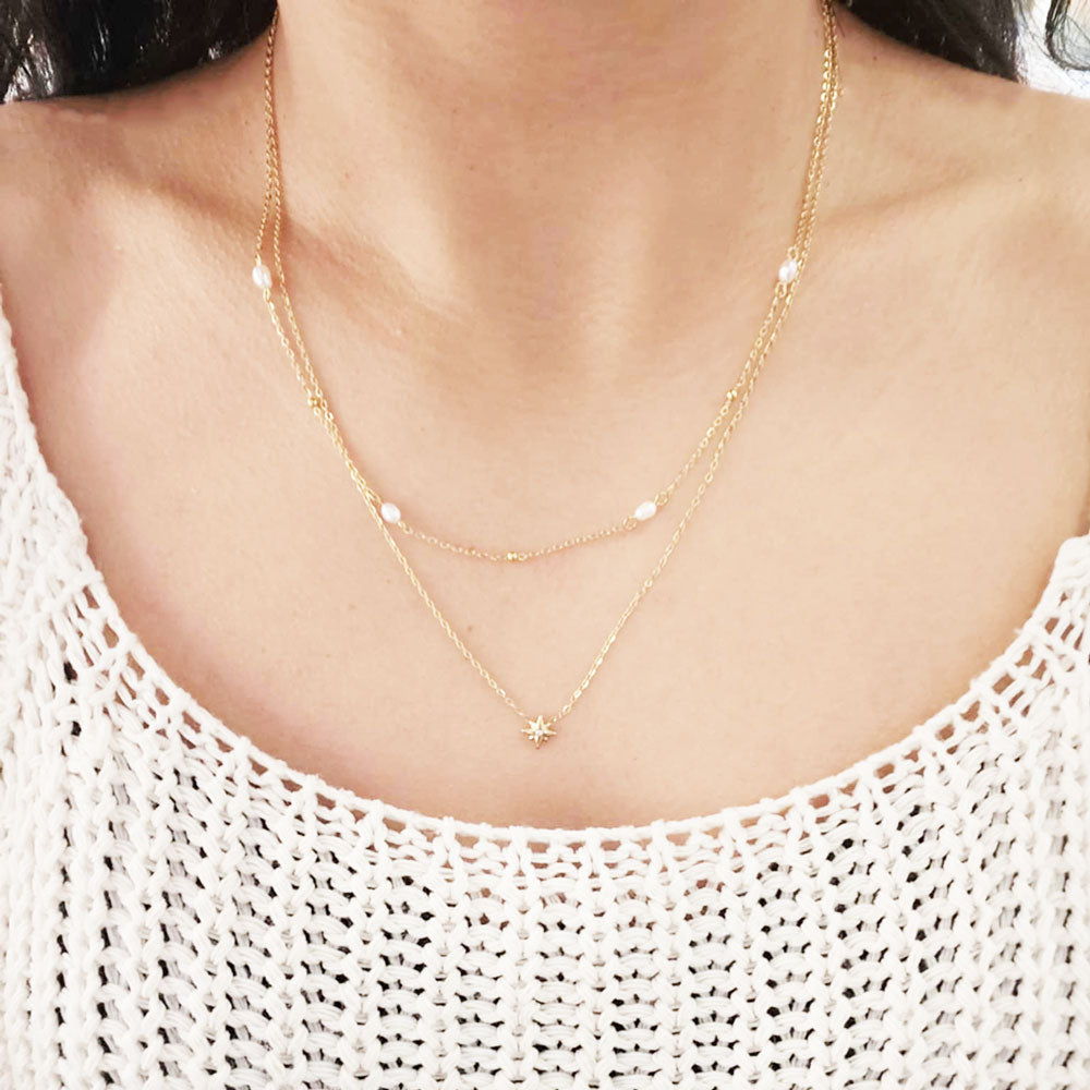 Γυναικείο Ατσάλινο Κολιέ Με Διπλή Αλυσίδα Και Πολυάκτινο Αστέρι – Women’s Steel Necklace With Double Chain And Multi-Pointed Star