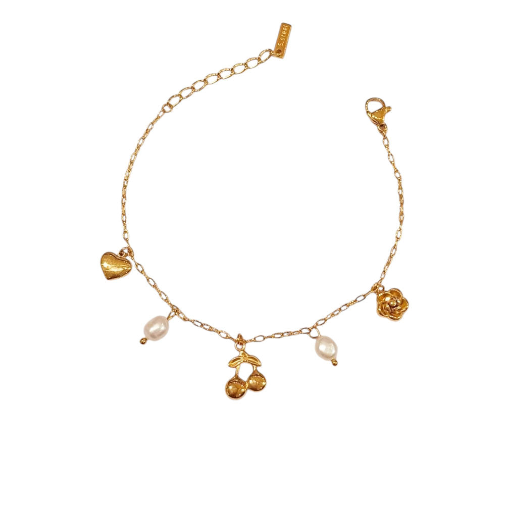 Ατσάλινο Βραχιόλι με Καρδιά, Κεράσι, Τριαντάφυλλο και Μαργαριτάρια Χρυσό Ασημί – Stainless Steel Bracelet with Heart, Cherry, Rose and Pearls
