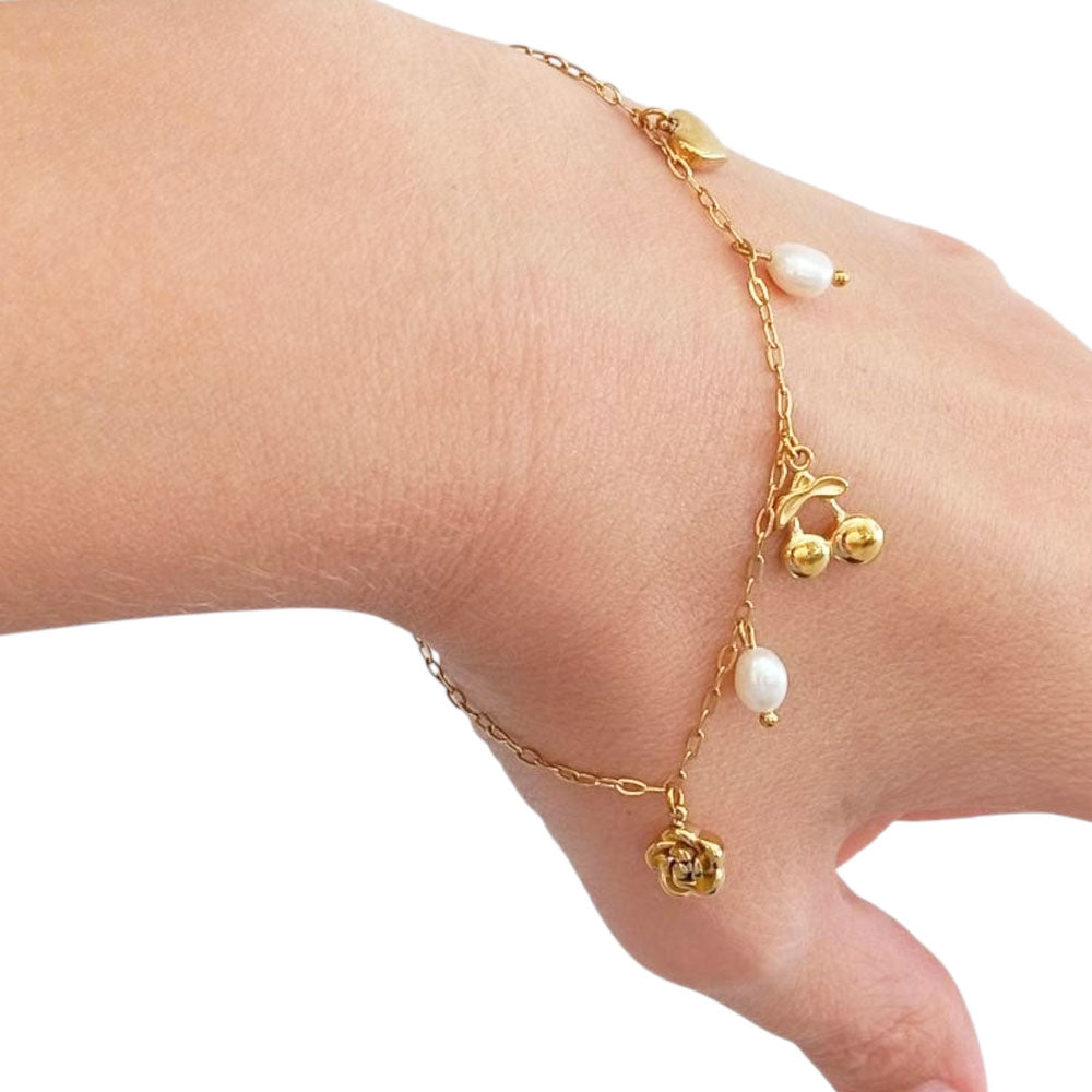 Ατσάλινο Βραχιόλι με Καρδιά, Κεράσι, Τριαντάφυλλο και Μαργαριτάρια Χρυσό Ασημί – Stainless Steel Bracelet with Heart, Cherry, Rose and Pearls