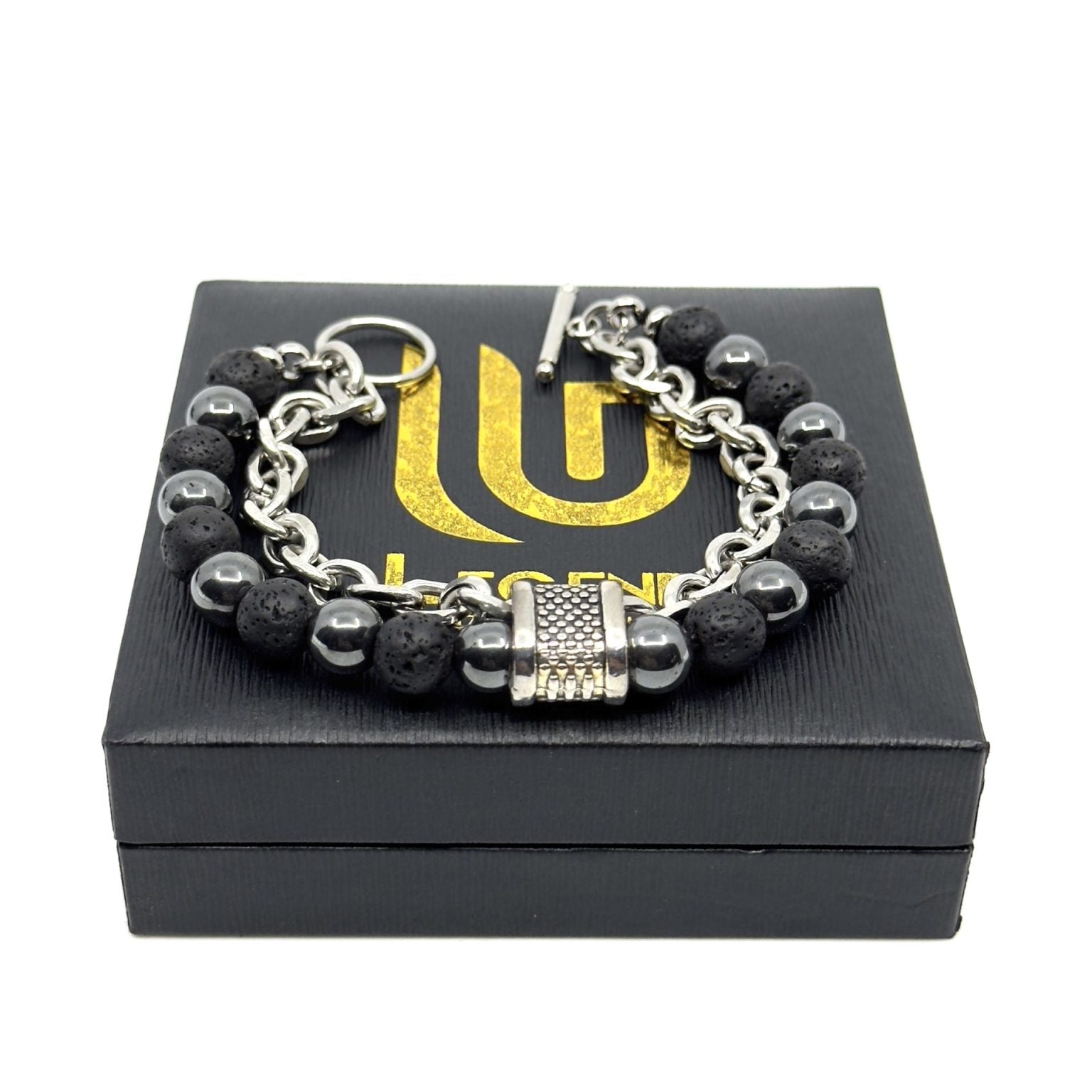 Μαύρο Βραχιόλι με πέτρες λάβας και αλυσίδα από Ανοξείδωτο Ατσάλι| Men’s bracelet with stainless steel chain and lava stones