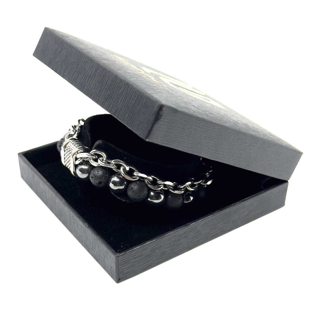 Μαύρο Βραχιόλι με πέτρες λάβας και αλυσίδα από Ανοξείδωτο Ατσάλι| Men’s bracelet with stainless steel chain and lava stones