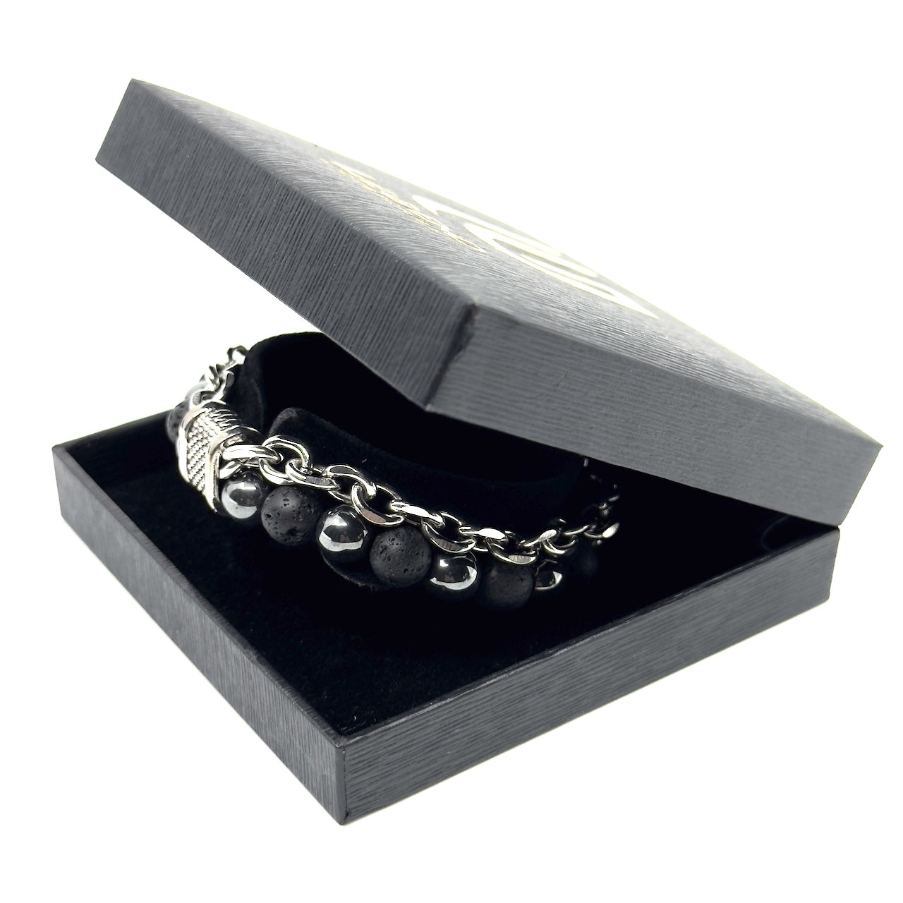 Μαύρο Βραχιόλι με πέτρες λάβας και αλυσίδα από Ανοξείδωτο Ατσάλι| Men’s bracelet with stainless steel chain and lava stones