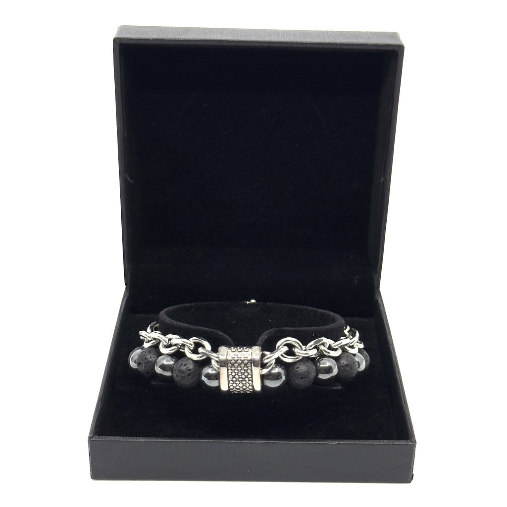 Μαύρο Βραχιόλι με πέτρες λάβας και αλυσίδα από Ανοξείδωτο Ατσάλι| Men’s bracelet with stainless steel chain and lava stones