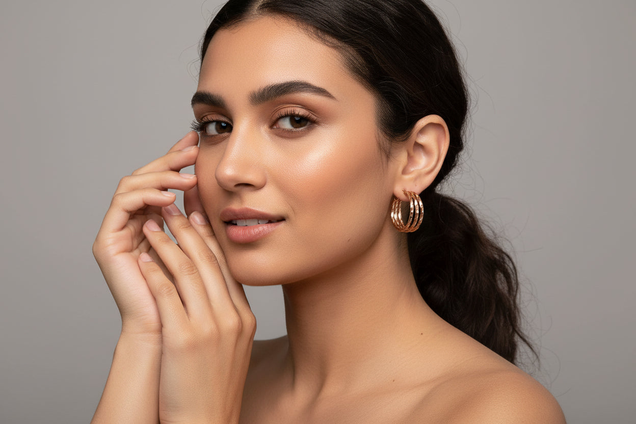 Gold hoop earrings on a white background