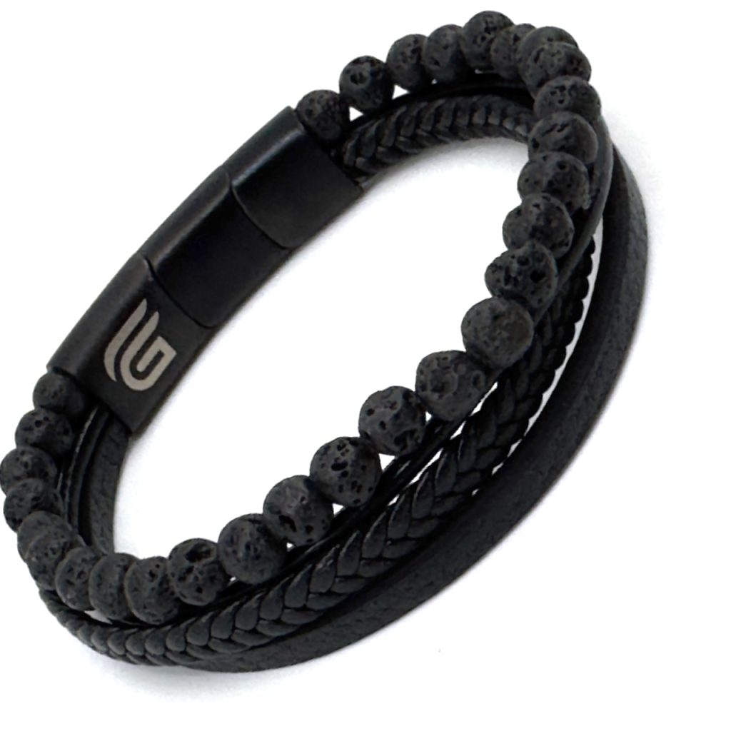Μαύρο Δερμάτινο Βραχιόλι από Ανοξείδωτο Ατσάλι με Ηφαιστειακές Πέτρες | Black Leather Bracelet Stainless Steel with Volcanic Stones