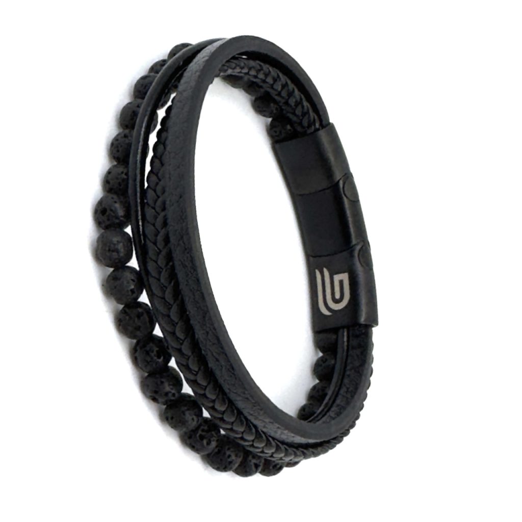 Μαύρο Δερμάτινο Βραχιόλι από Ανοξείδωτο Ατσάλι με Ηφαιστειακές Πέτρες | Black Leather Bracelet Stainless Steel with Volcanic Stones