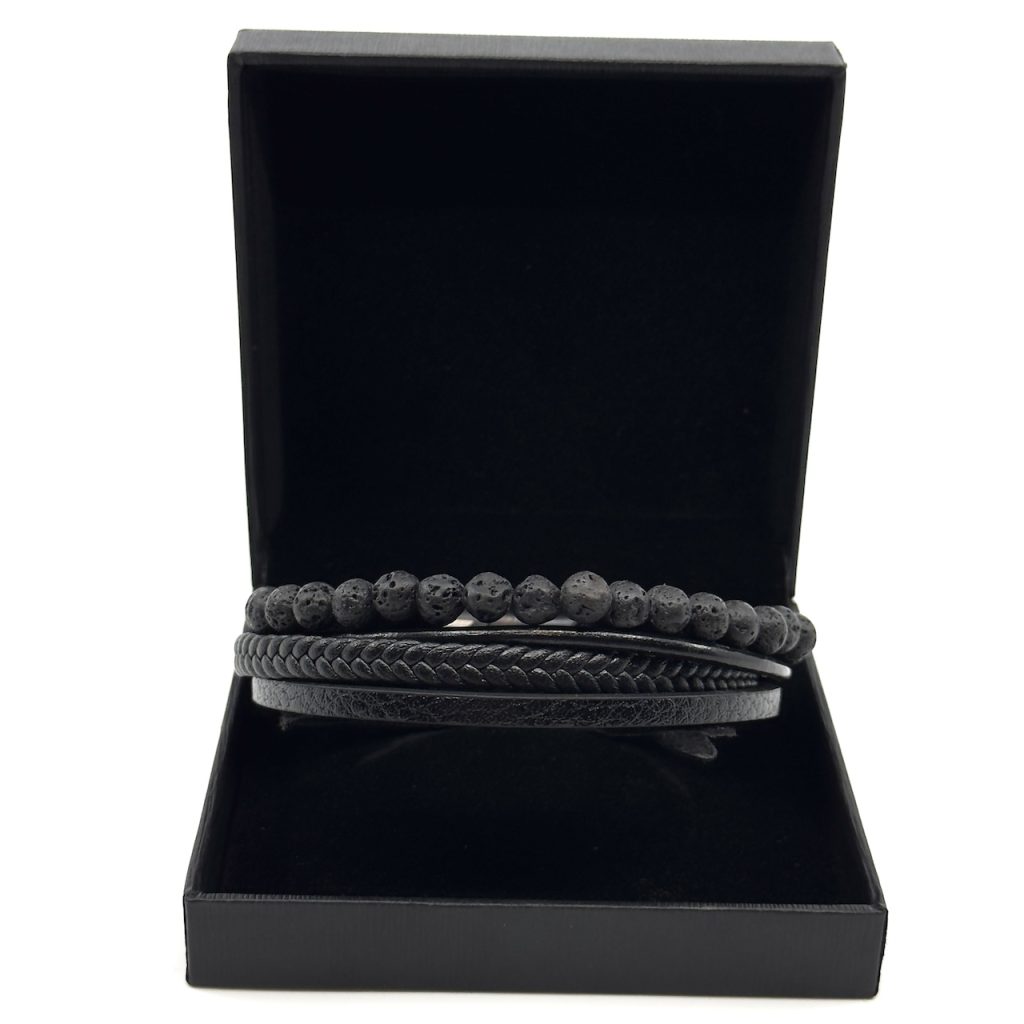 Μαύρο Δερμάτινο Βραχιόλι από Ανοξείδωτο Ατσάλι με Ηφαιστειακές Πέτρες | Black Leather Bracelet Stainless Steel with Volcanic Stones