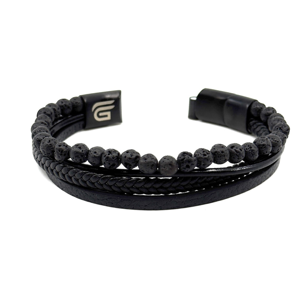 Μαύρο Δερμάτινο Βραχιόλι από Ανοξείδωτο Ατσάλι με Ηφαιστειακές Πέτρες | Black Leather Bracelet Stainless Steel with Volcanic Stones