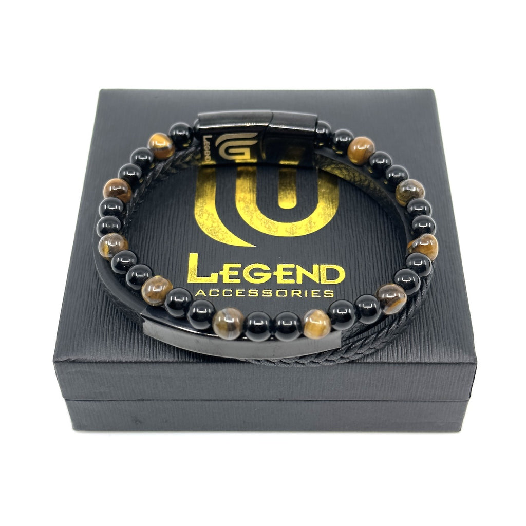 Καφέ Δερμάτινο Βραχιόλι με φυσικές πέτρες Tiger eye | Brown Leather Bracelet with Natural Tiger eye Stones