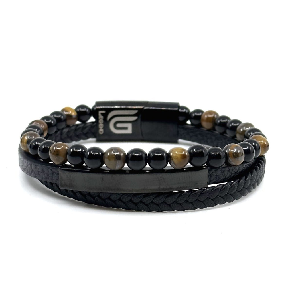 Καφέ Δερμάτινο Βραχιόλι με φυσικές πέτρες Tiger eye | Brown Leather Bracelet with Natural Tiger eye Stones