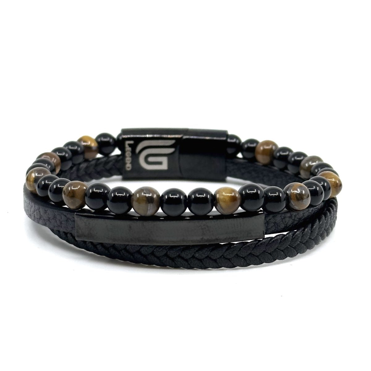 Καφέ Δερμάτινο Βραχιόλι με φυσικές πέτρες Tiger eye | Brown Leather Bracelet with Natural Tiger eye Stones