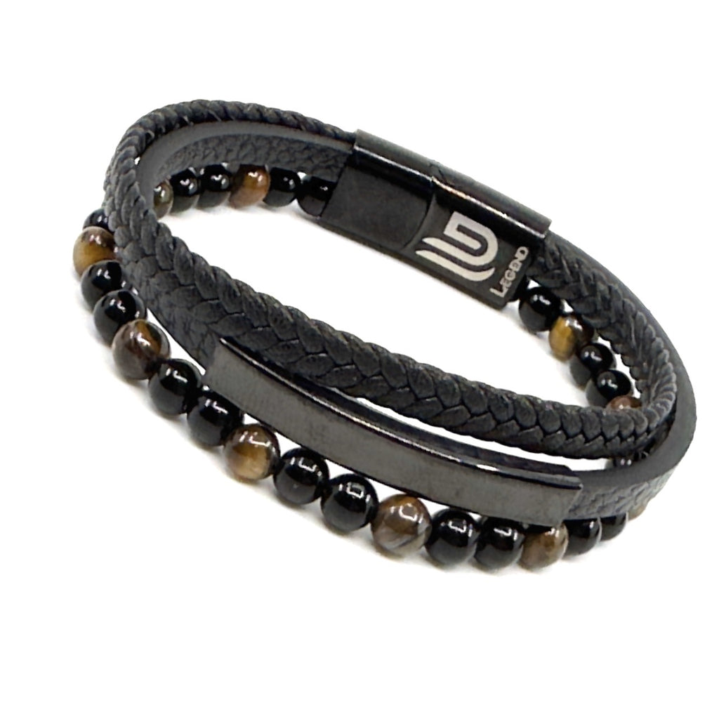 Καφέ Δερμάτινο Βραχιόλι με φυσικές πέτρες Tiger eye | Brown Leather Bracelet with Natural Tiger eye Stones