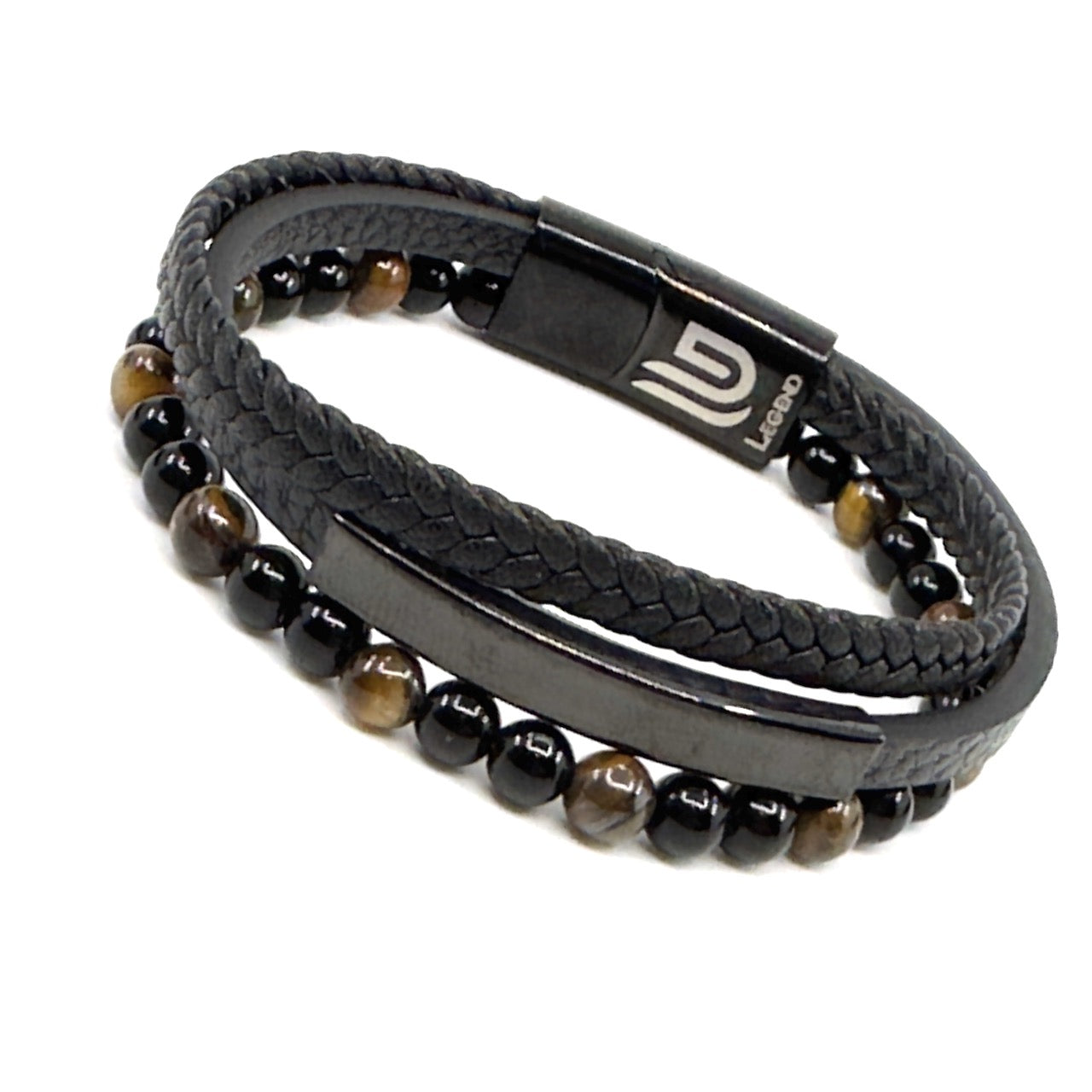 Καφέ Δερμάτινο Βραχιόλι με φυσικές πέτρες Tiger eye | Brown Leather Bracelet with Natural Tiger eye Stones