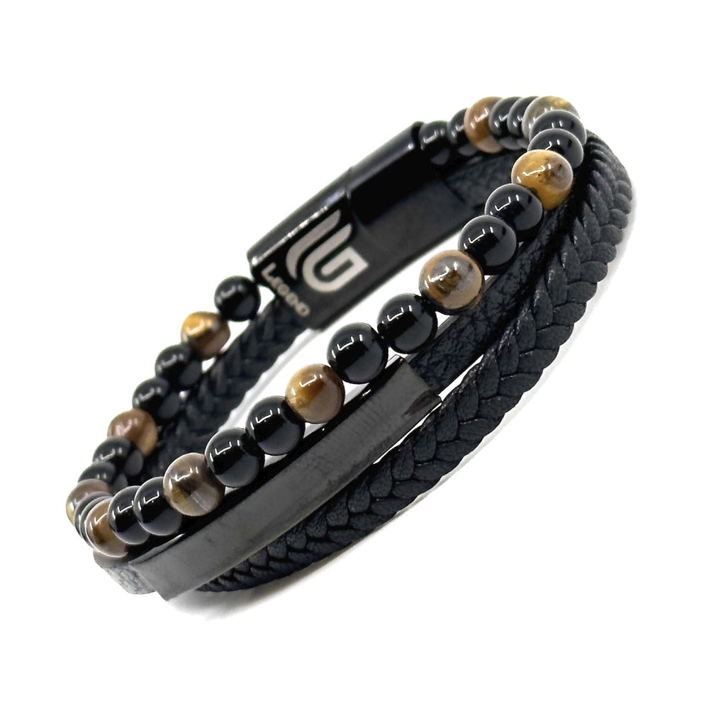 Καφέ Δερμάτινο Βραχιόλι με φυσικές πέτρες Tiger eye | Brown Leather Bracelet with Natural Tiger eye Stones