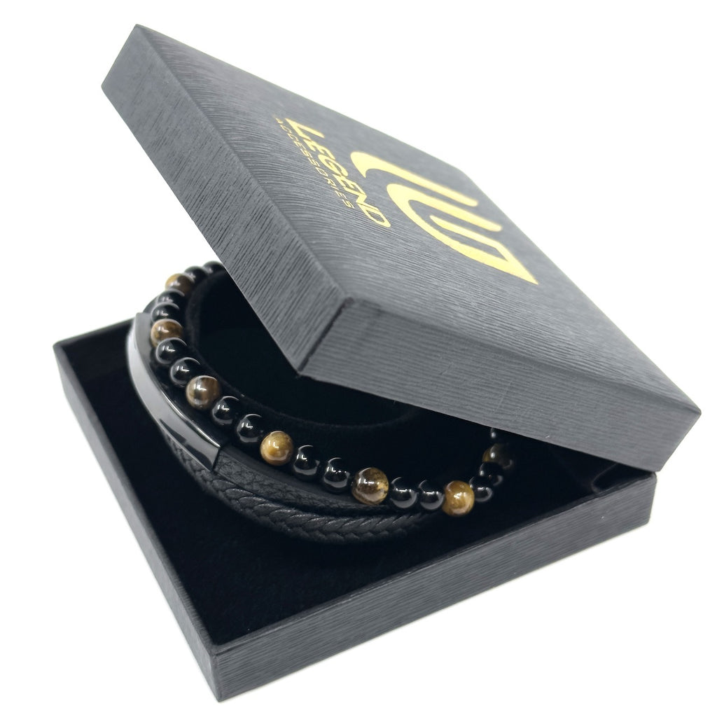 Καφέ Δερμάτινο Βραχιόλι με φυσικές πέτρες Tiger eye | Brown Leather Bracelet with Natural Tiger eye Stones