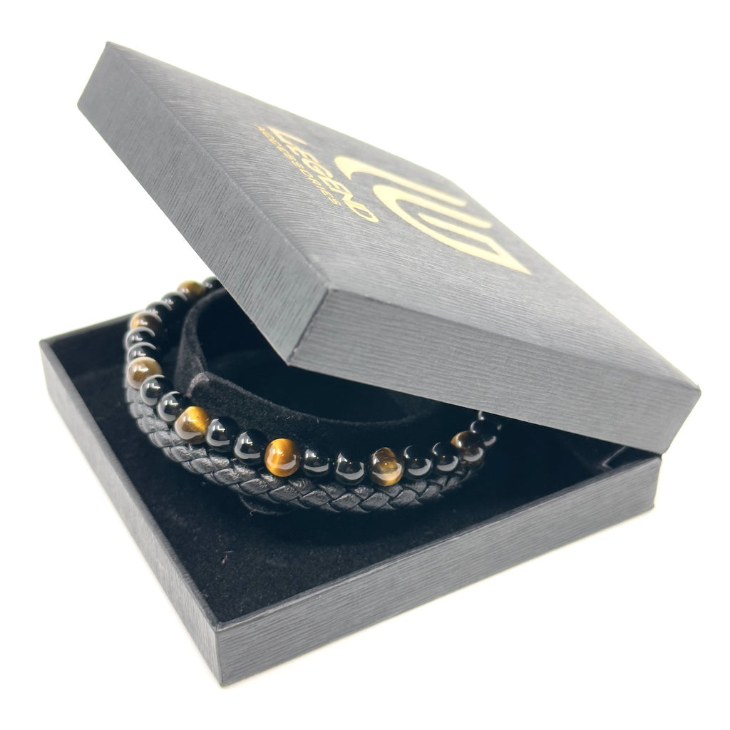 Καφέ Δερμάτινο Βραχιόλι με Tiger eye Πέτρες | Brown Leather Bracelet with Tiger eye stones