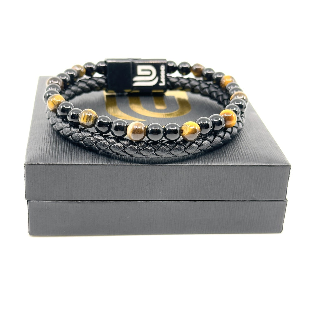 Καφέ Δερμάτινο Βραχιόλι με Tiger eye Πέτρες | Brown Leather Bracelet with Tiger eye stones