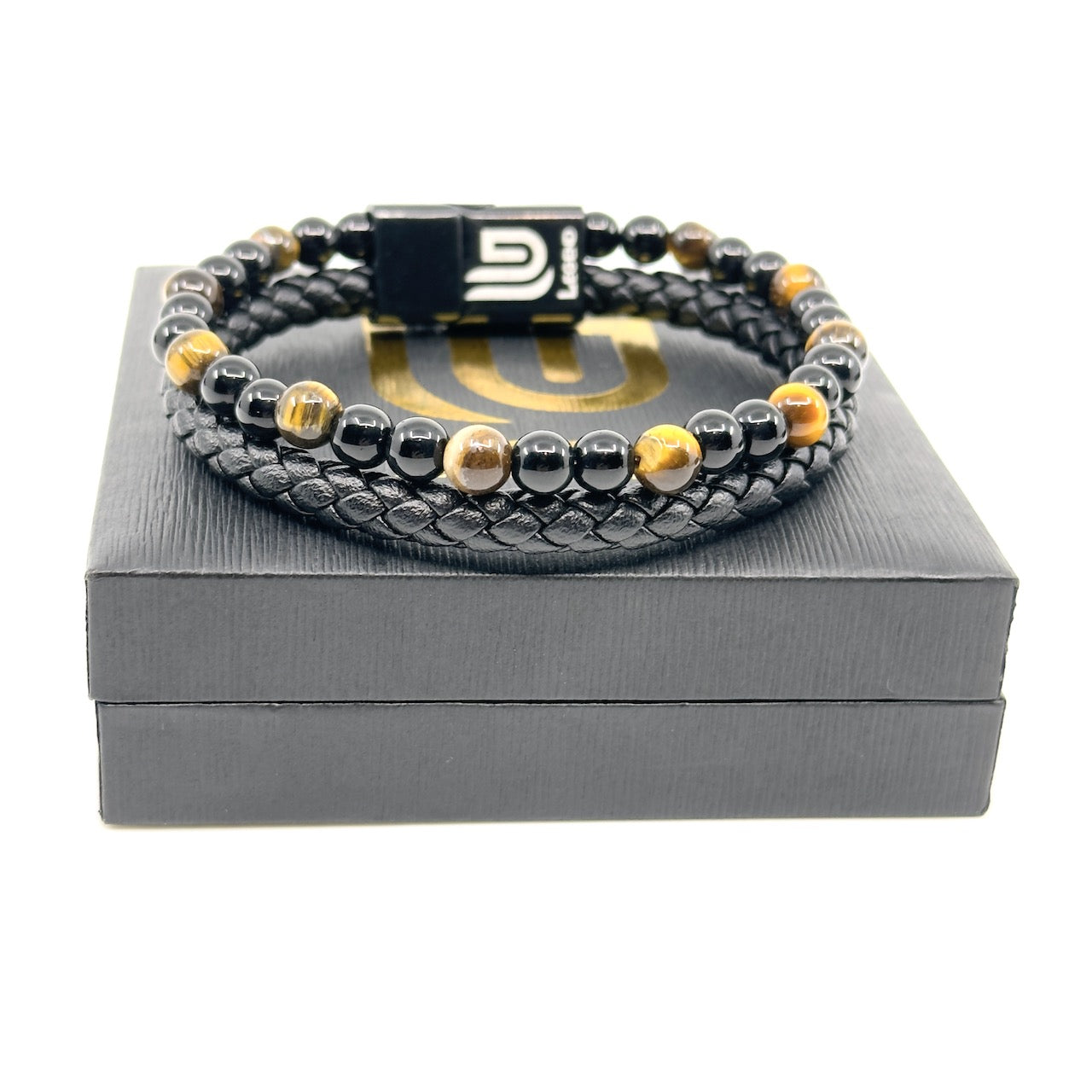 Καφέ Δερμάτινο Βραχιόλι με Tiger eye Πέτρες | Brown Leather Bracelet with Tiger eye stones