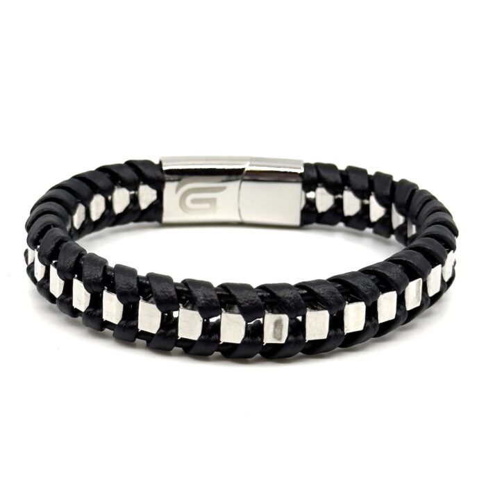 Μαύρο Δερμάτινο Βραχιόλι με Ασημί Μαγνητικό Κούμπωμα από Ανοξείδωτο Ατσάλι |Black Leather Bracelet with Silver Magnetic Stainless Steel Clasp