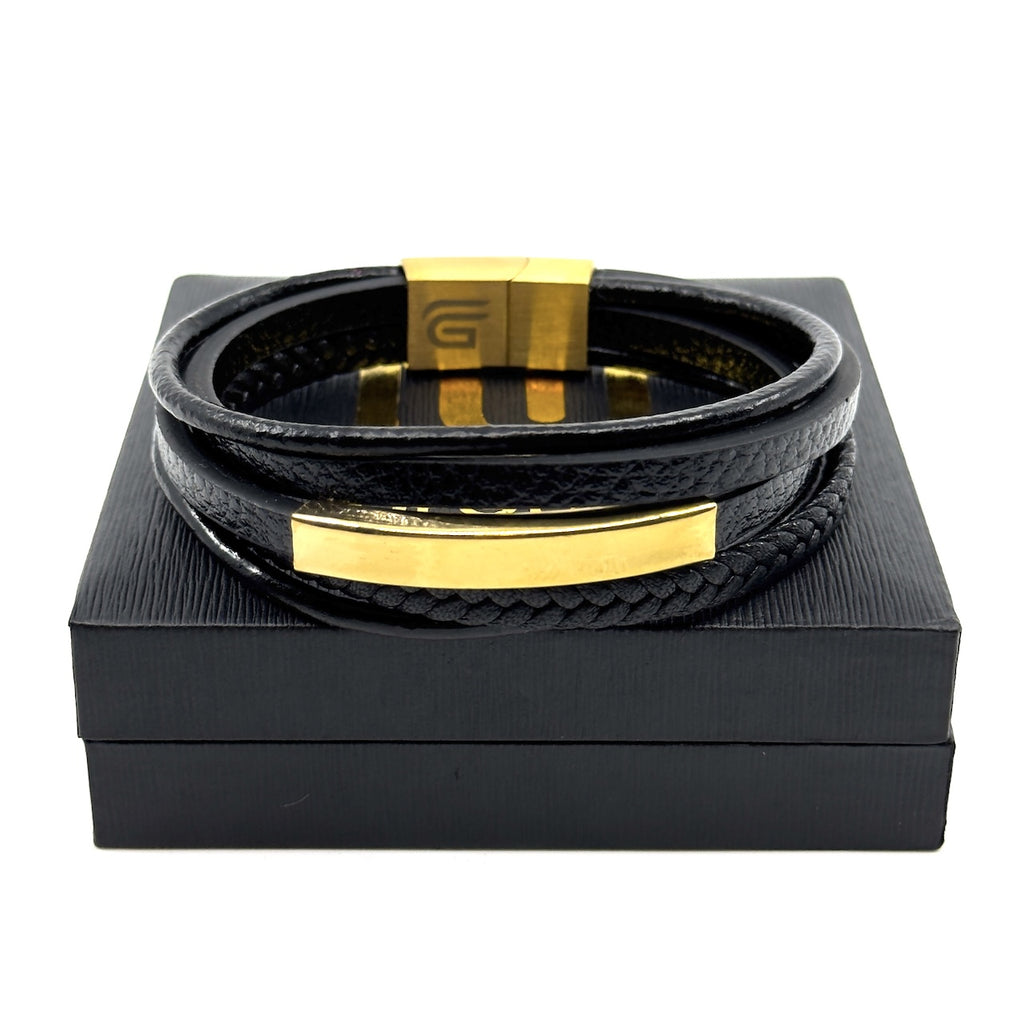 Μαύρο Δερμάτινο Βραχιόλι με Χρυσαφί Μαγνητικό Κούμπωμα από Ανοξείδωτο Ατσάλι