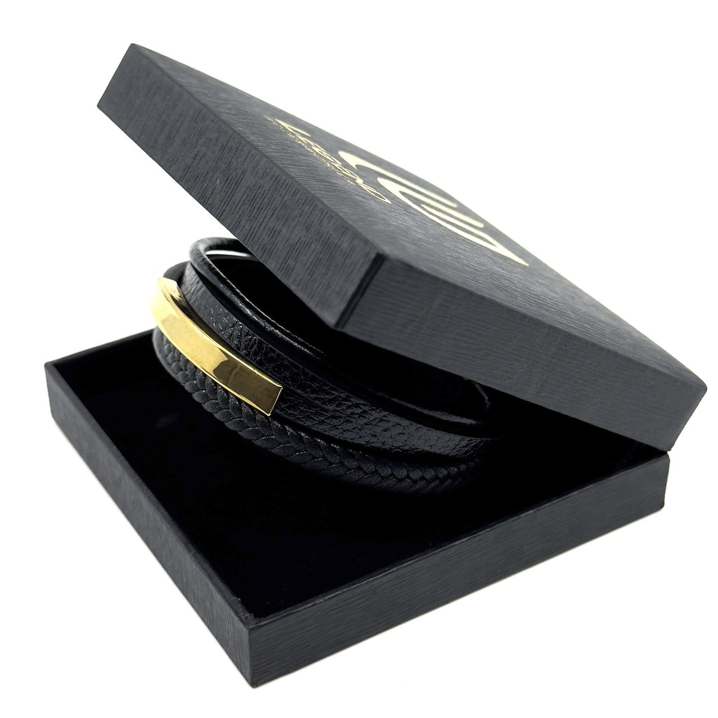 Μαύρο Δερμάτινο Βραχιόλι με Χρυσαφί Μαγνητικό Κούμπωμα από Ανοξείδωτο Ατσάλι