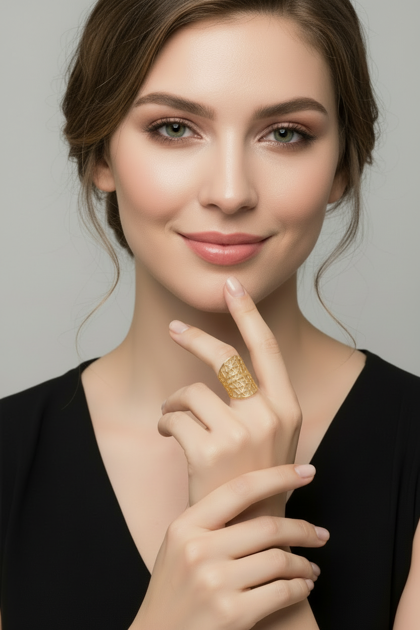 Gold lace-style ring on a white background
