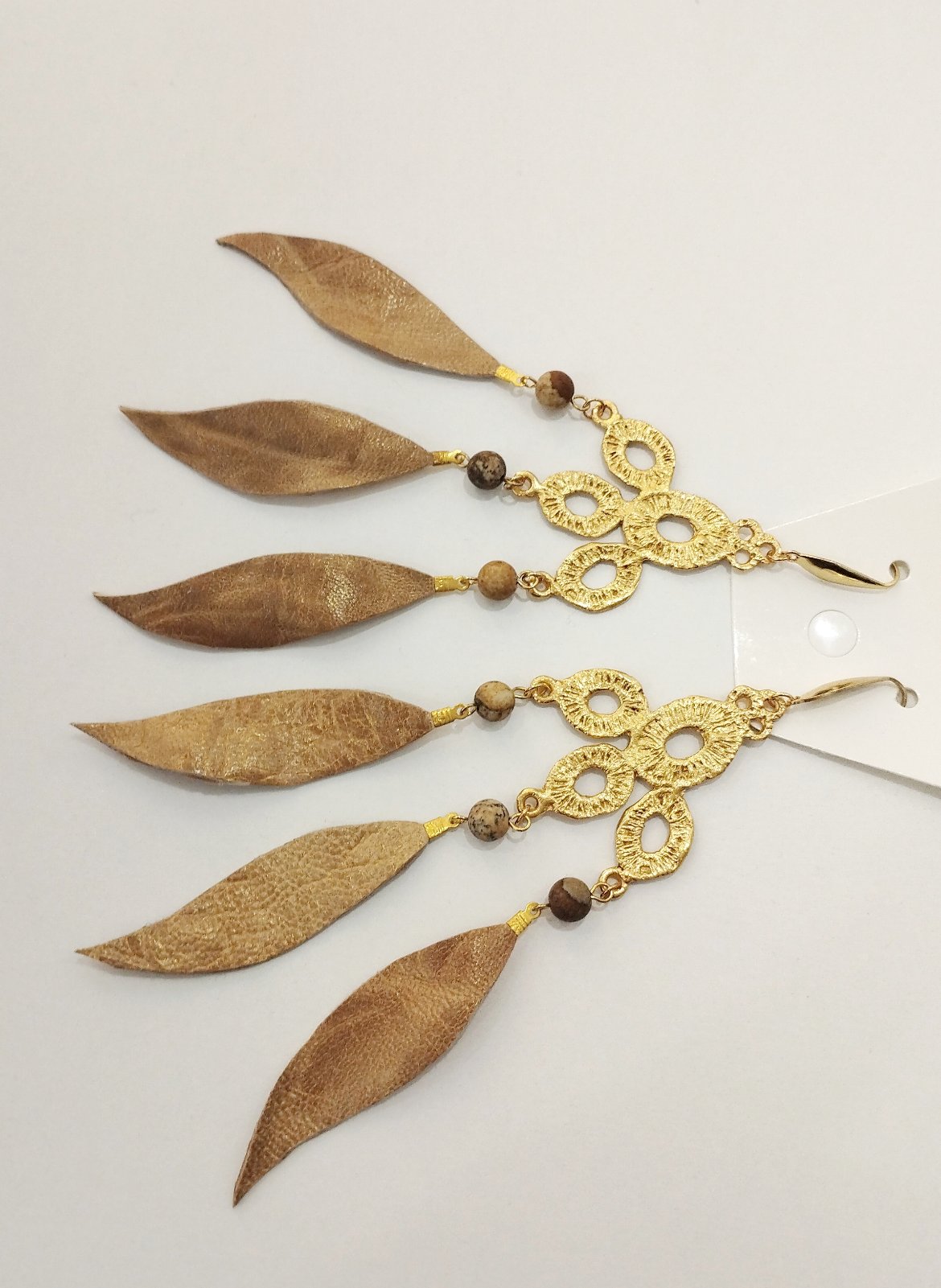 Χειροποίητα Ορειχάλκινα Σκουλαρίκια με Δερμάτινες Φύλλα & Πέτρες | Handmade Brass Earrings with Leather Leaves & Natural Stones