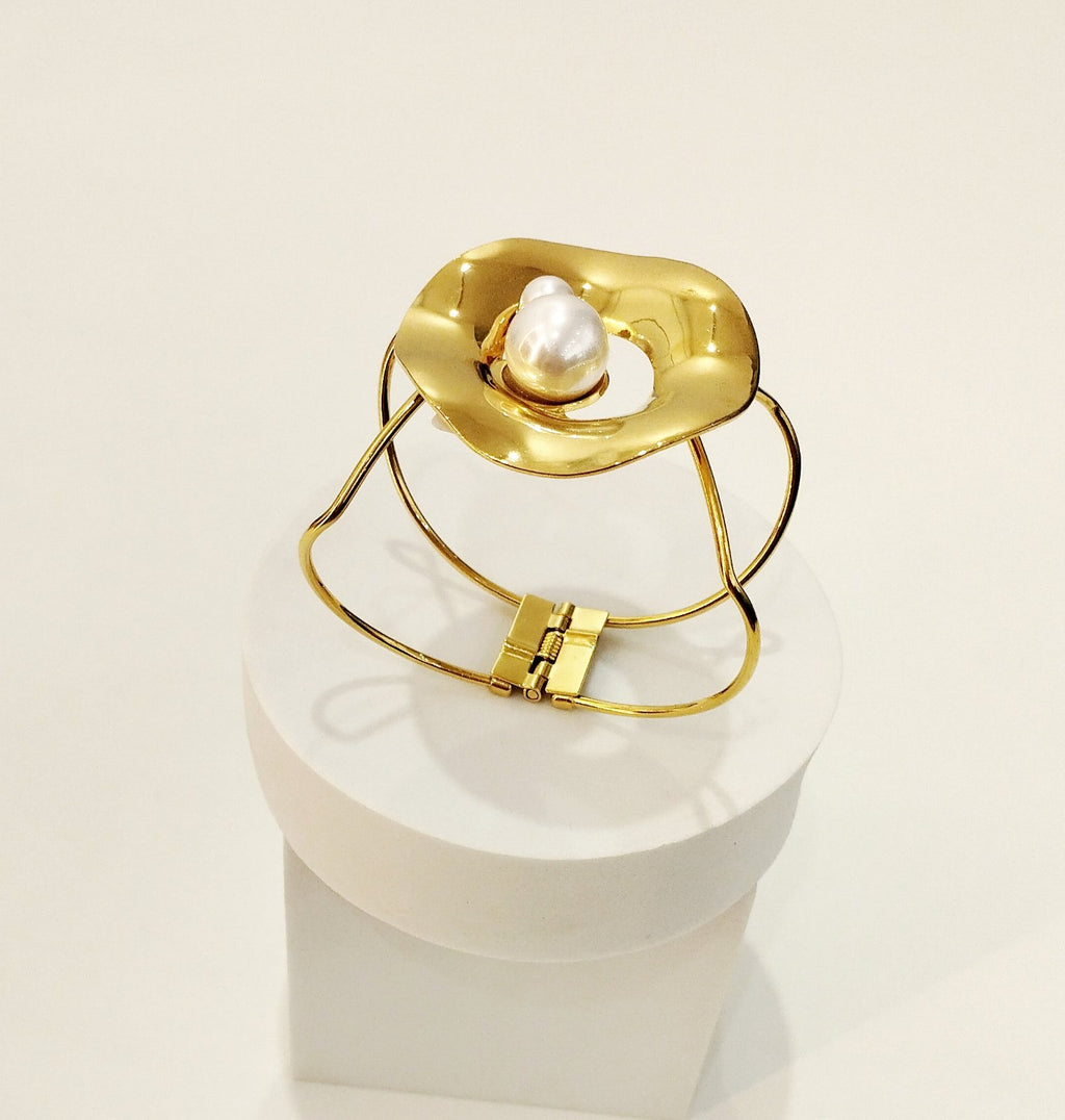 Βραχιόλι ατσάλινο με ακανόνιστο κύκλο & πέρλες