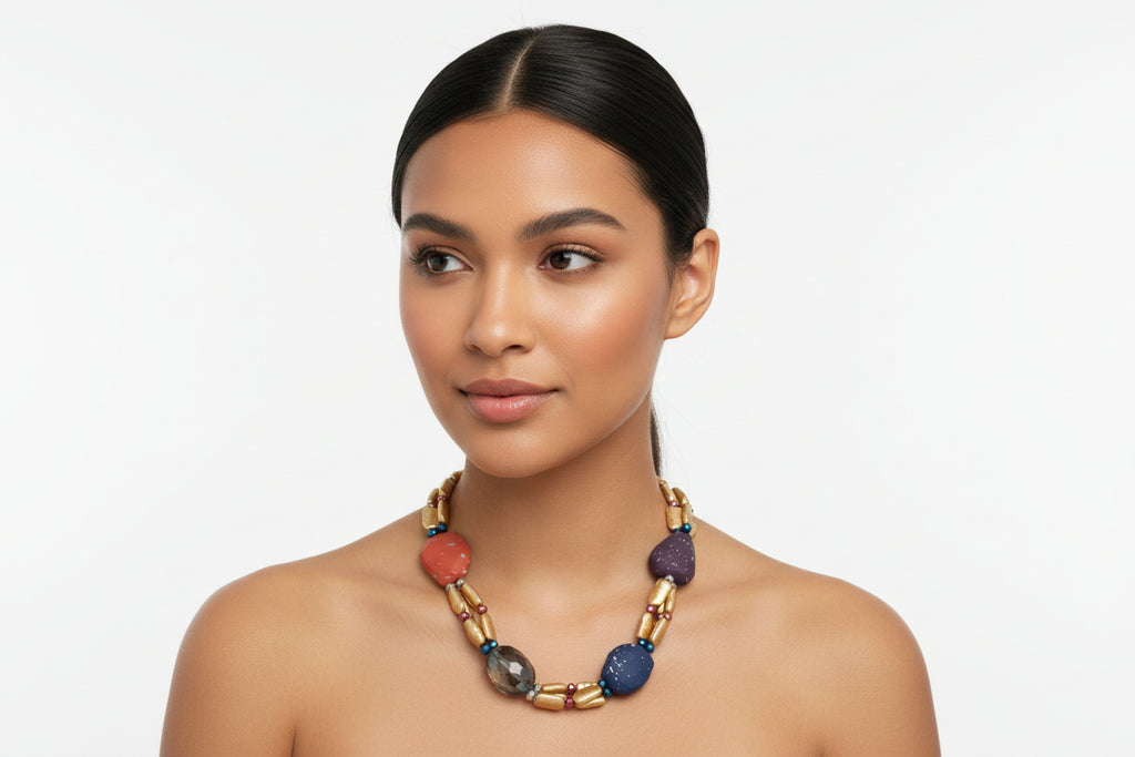 Necklace with multicolored beads on a mannequin