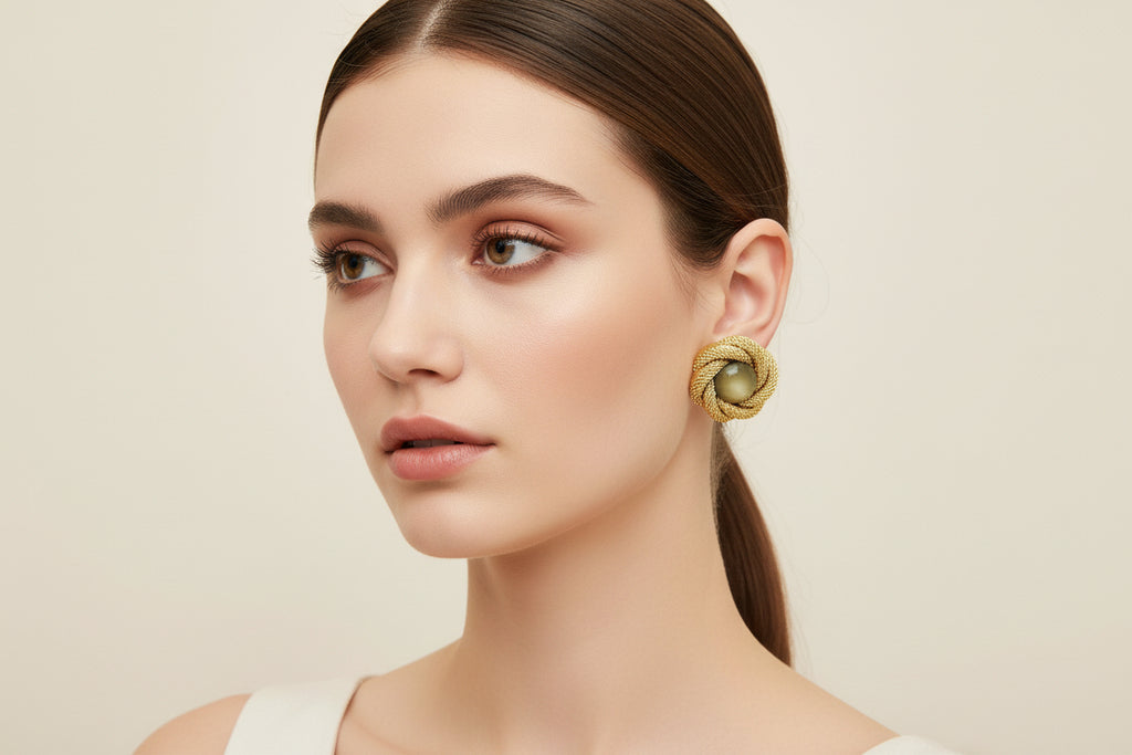 Pair of gold knotted earrings with green stones on a white base