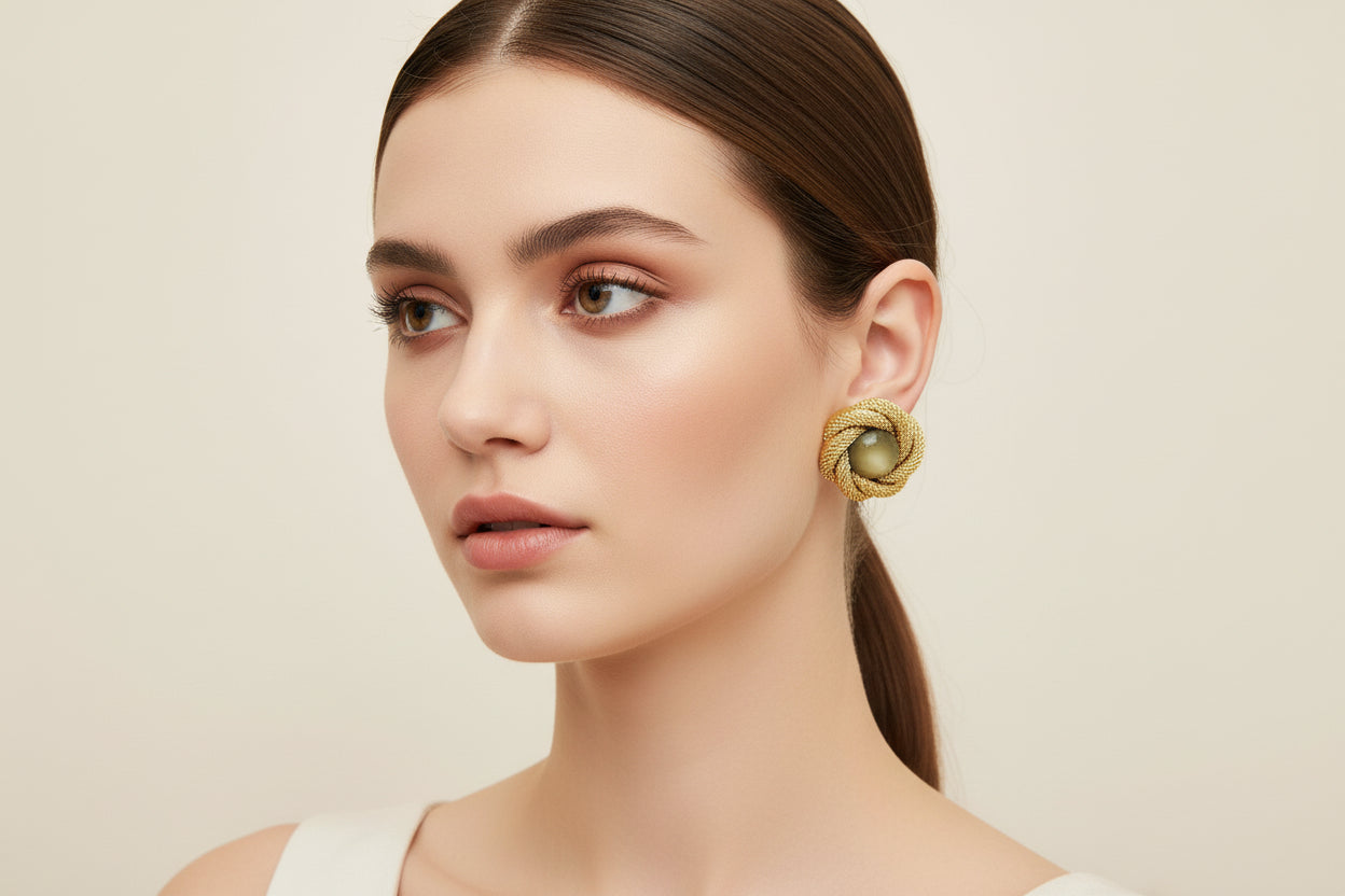 Pair of gold knotted earrings with green stones on a white base