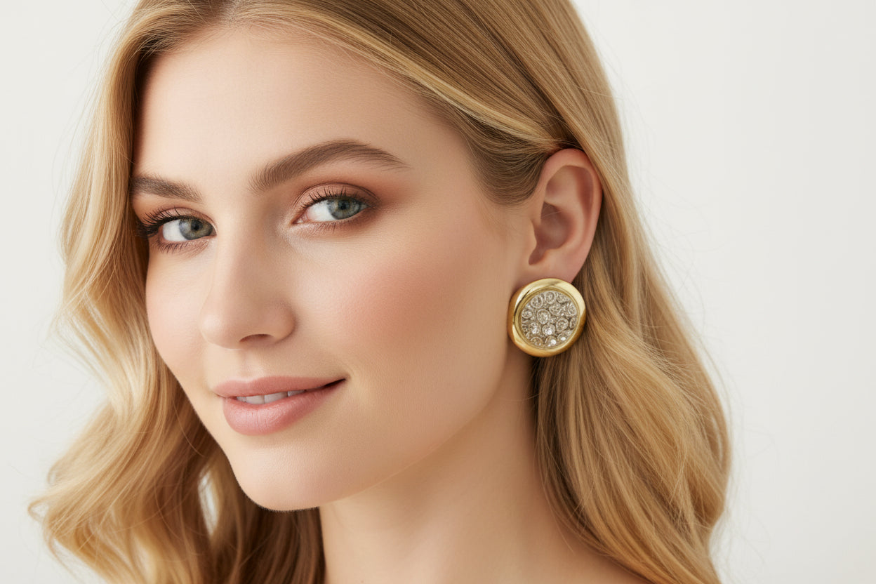 A woman iw wearing a pair of gold earrings with flower-like stones on a white stand